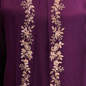 Wine Chinon Shirt, Palazzo, Shrug And Dupatta with Cutdana, Sequins, Pearl and Dabka Embroidery 5