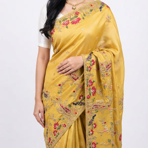Yellow Tissue Unstitched Saree With Zari, Thread & Sequins Work