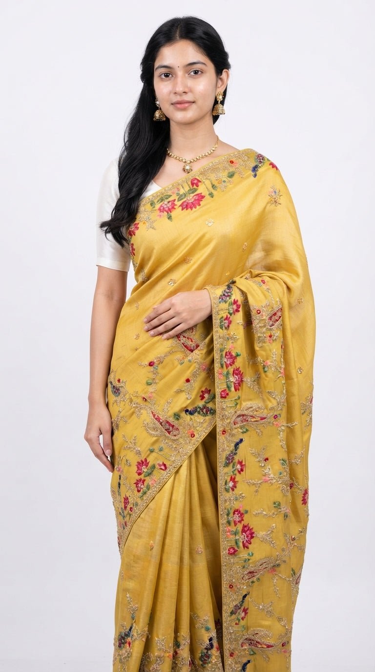 Yellow Tissue Unstitched Saree With Zari, Thread & Sequins Work