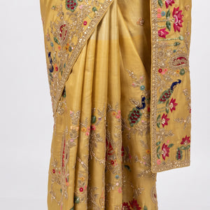 Yellow Tissue Unstitched Saree With Zari, Thread & Sequins Work