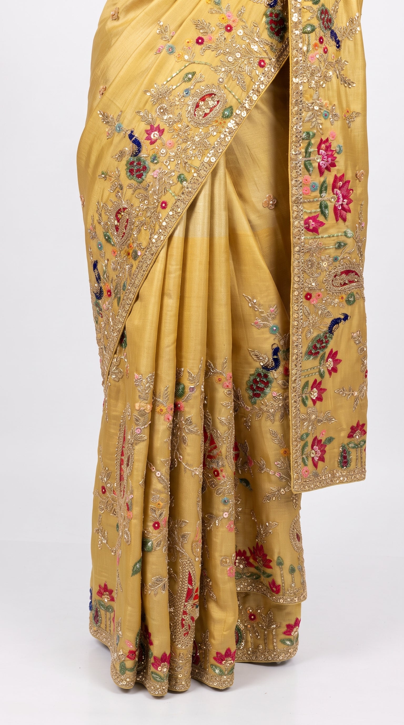 Yellow Tissue Unstitched Saree With Zari, Thread & Sequins Work