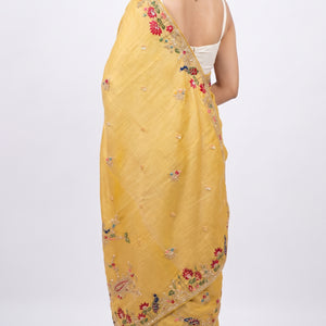 Yellow Tissue Unstitched Saree With Zari, Thread & Sequins Work