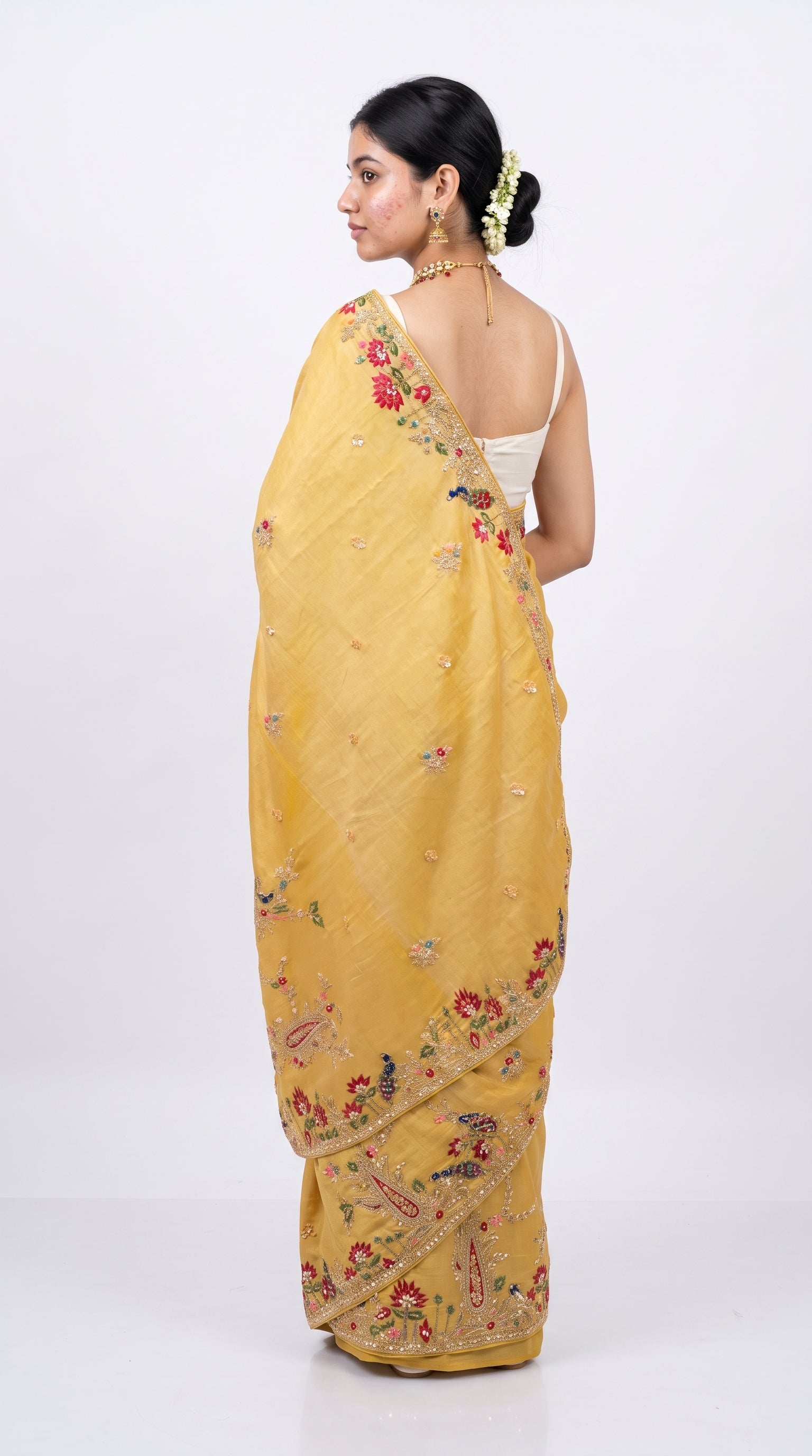 Yellow Tissue Unstitched Saree With Zari, Thread & Sequins Work