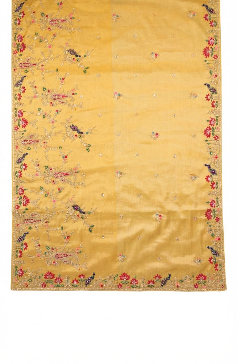 Yellow Tissue Unstitched Saree With Zari, Thread & Sequins Work