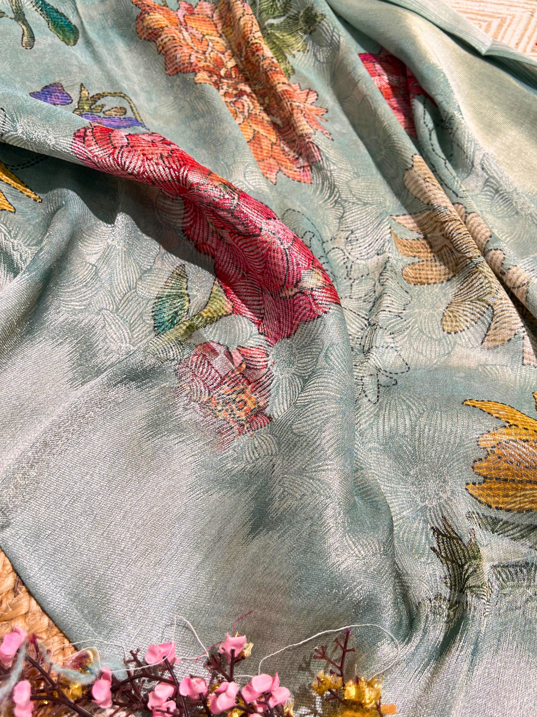Blue Tissue Unstitched Suit with Zari and Thread Embroidery 1