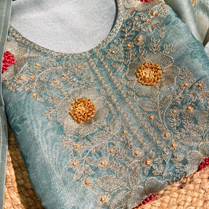 Blue Tissue Unstitched Suit with Zari and Thread Embroidery 3
