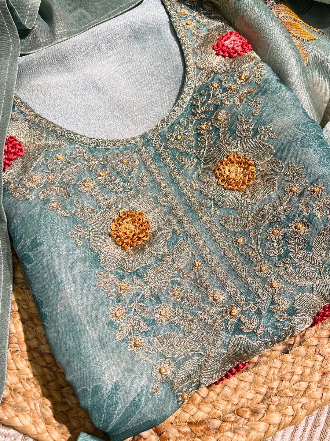 Blue Tissue Unstitched Suit with Zari and Thread Embroidery 3