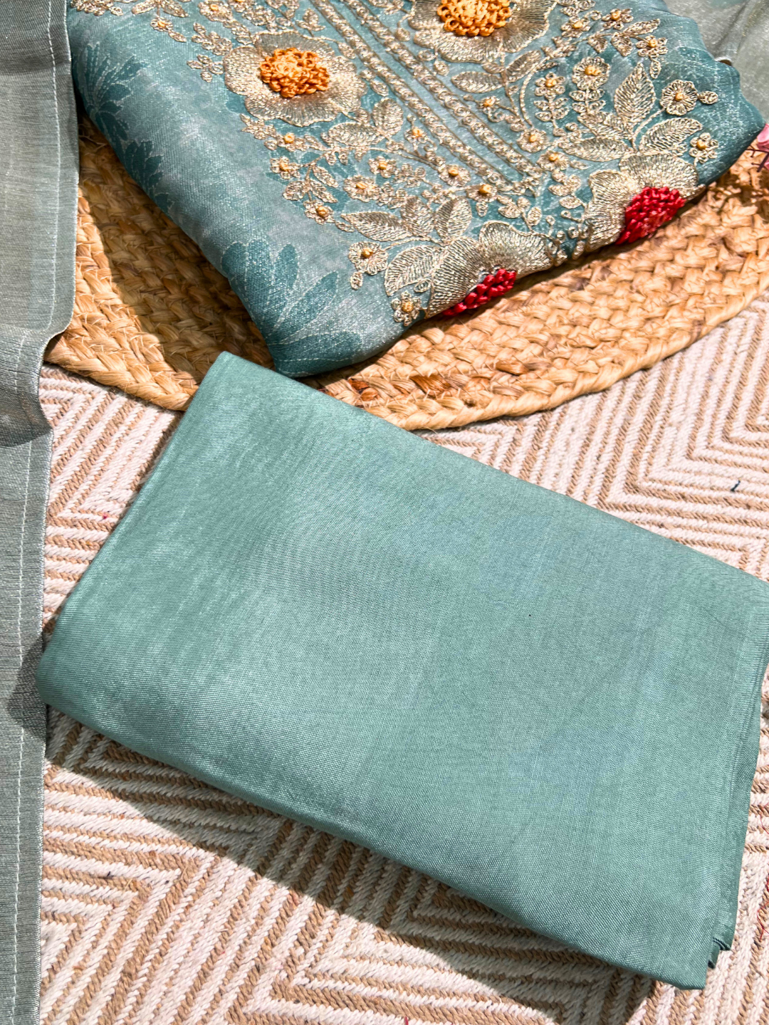 Blue Tissue Unstitched Suit with Zari and Thread Embroidery 4