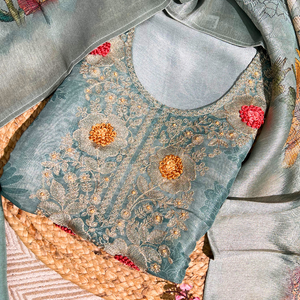 Blue Tissue Unstitched Suit with Zari and Thread Embroidery 5