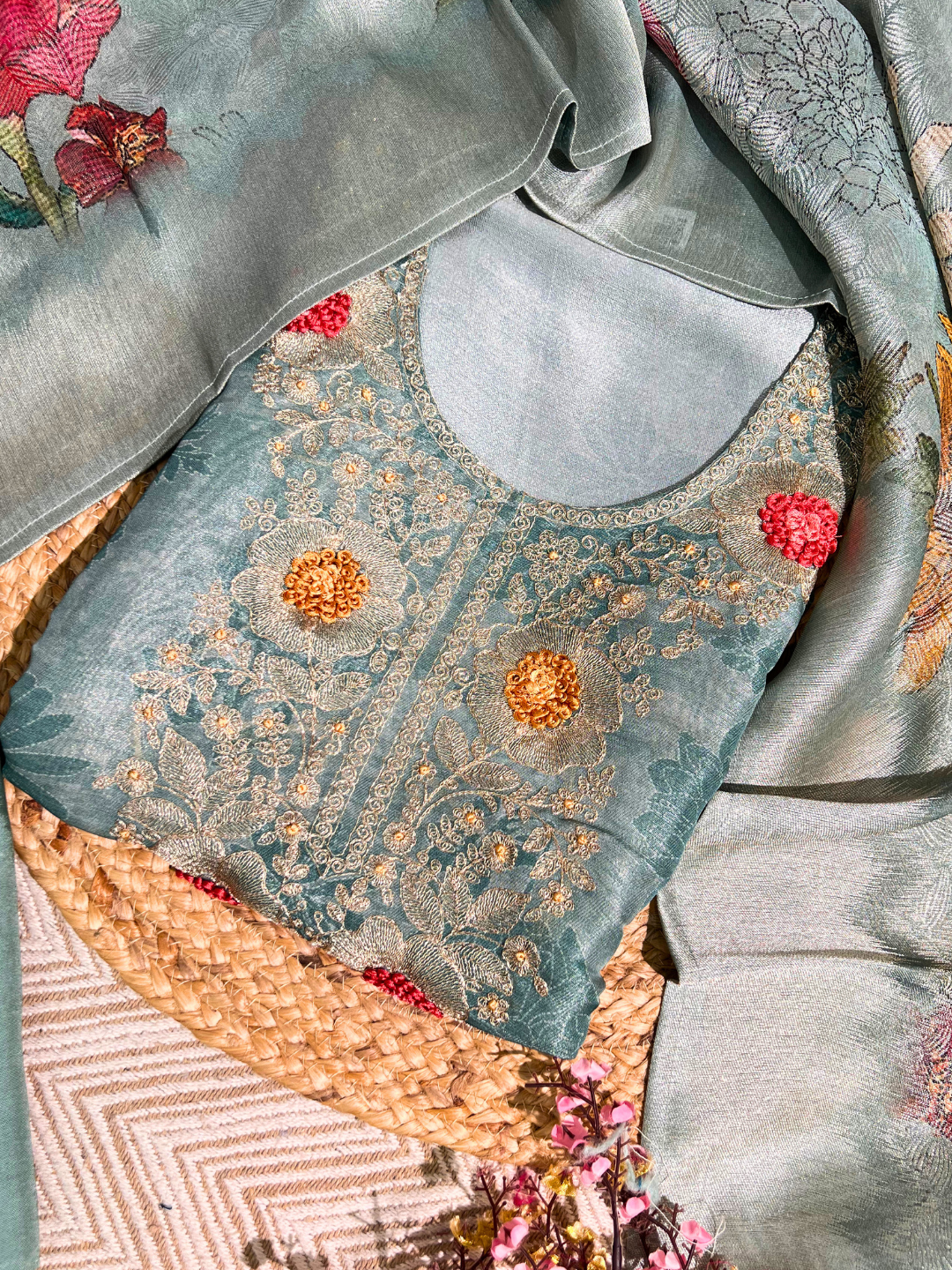 Blue Tissue Unstitched Suit with Zari and Thread Embroidery 5
