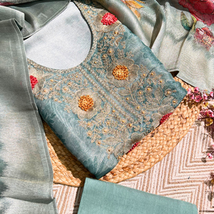 Blue Tissue Unstitched Suit with Zari and Thread Embroidery 6