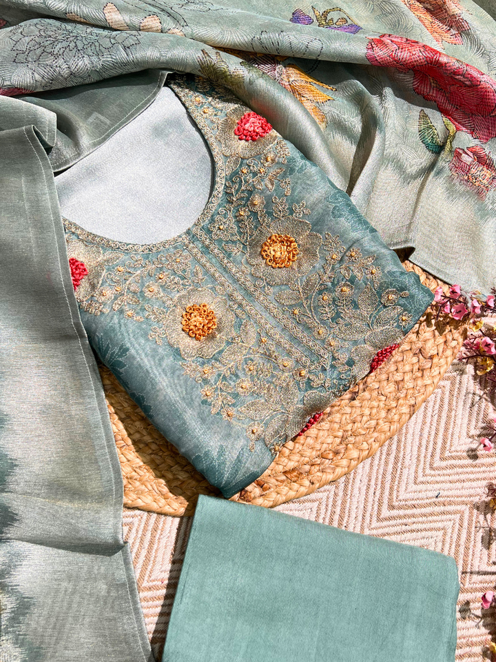 Blue Tissue Unstitched Suit with Zari and Thread Embroidery 6