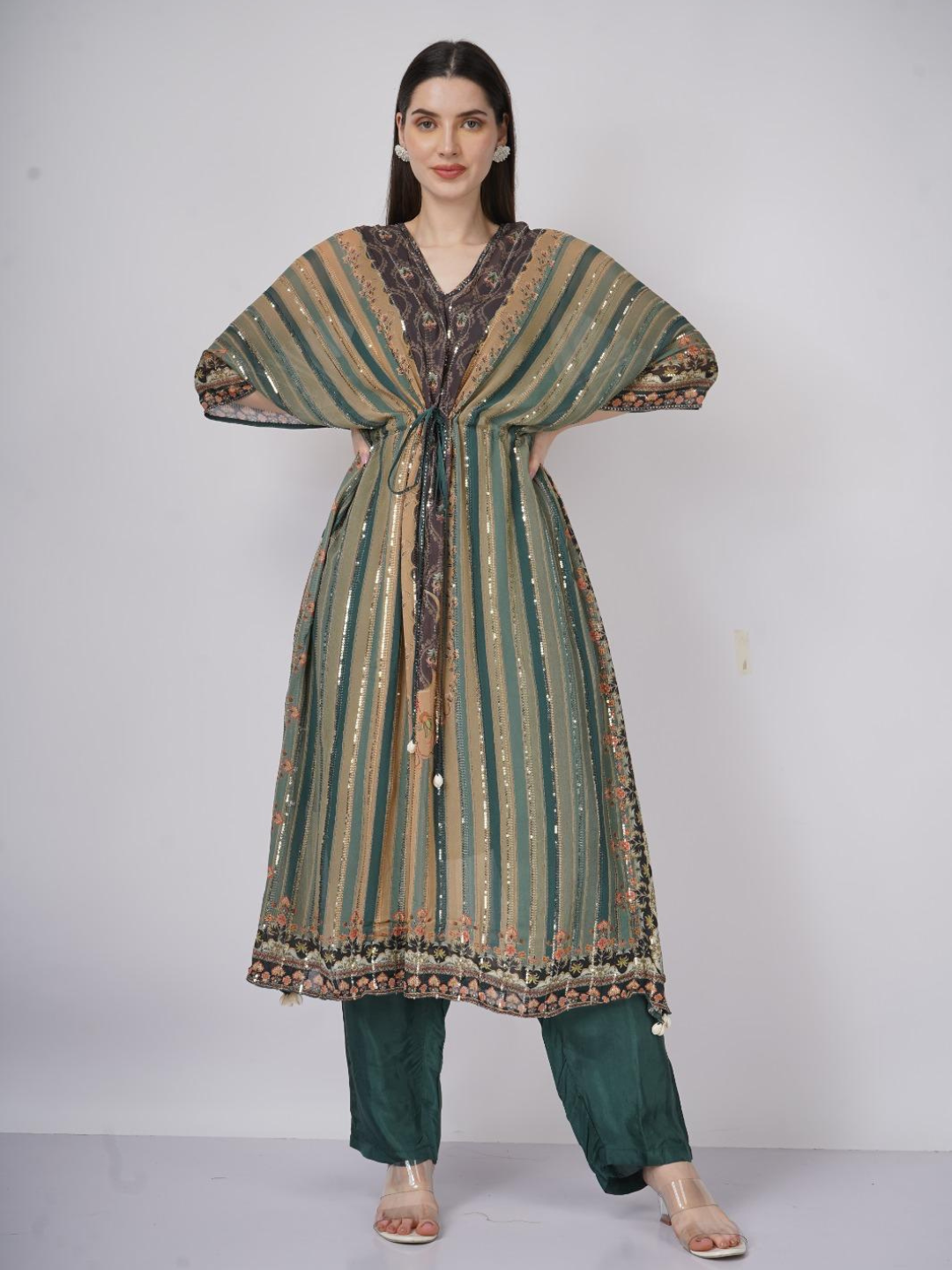 Green Georgette Indo Western with Cutdana and Printed Embroidery 3