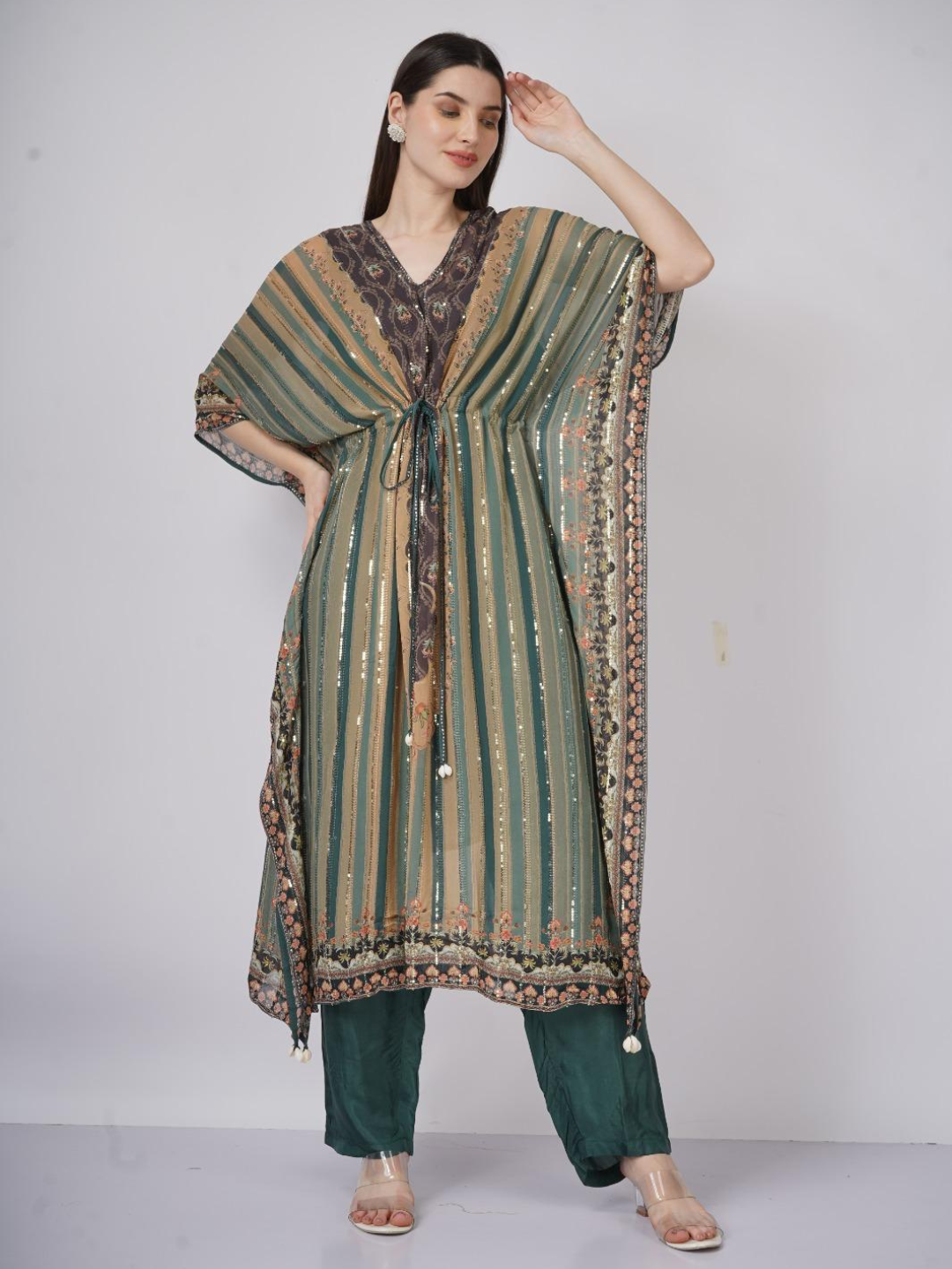 Green Georgette Indo Western with Cutdana and Printed Embroidery 4