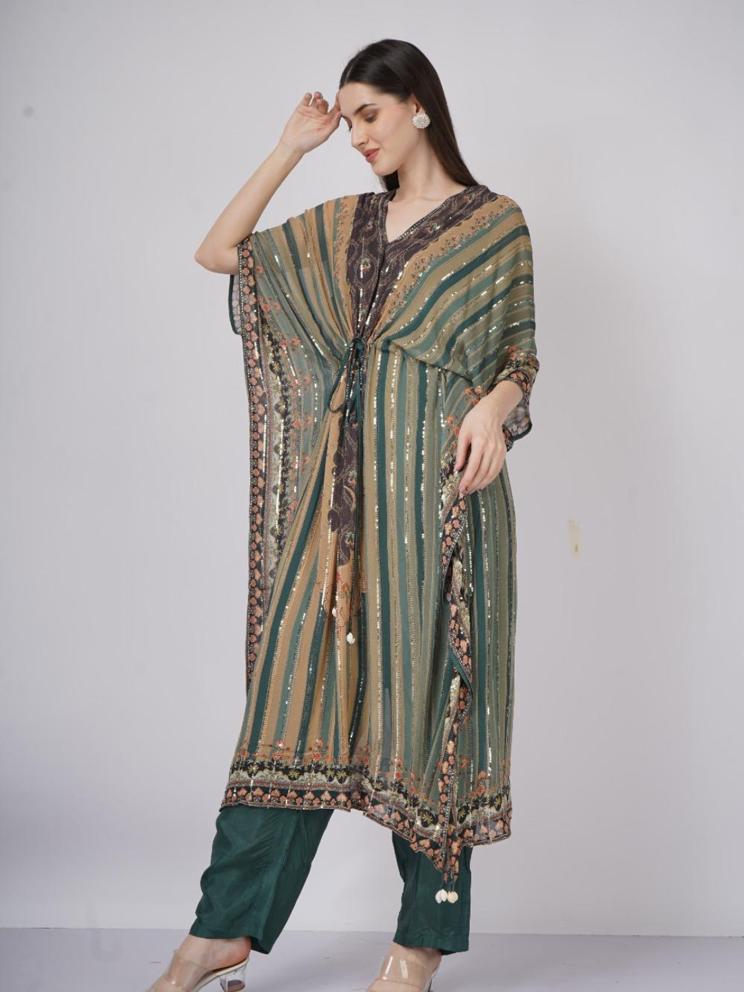 Green Georgette Indo Western with Cutdana and Printed Embroidery 5