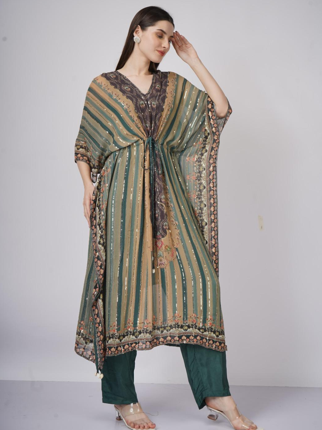 Green Georgette Indo Western with Cutdana and Printed Embroidery 6