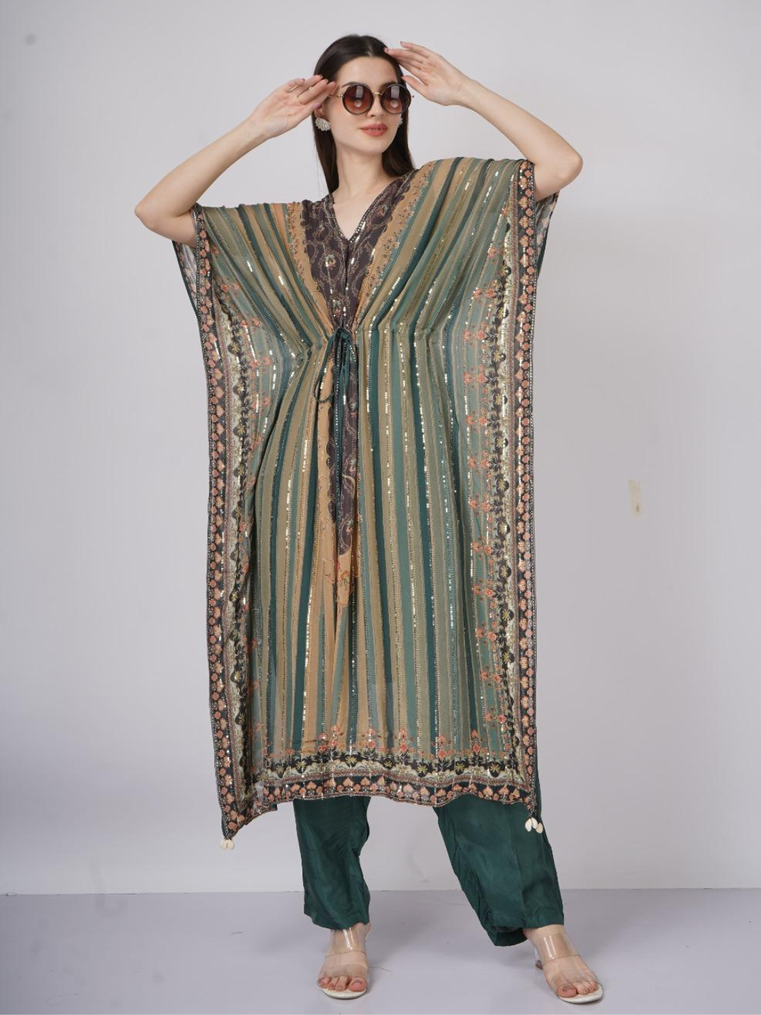 Green Georgette Indo Western with Cutdana and Printed Embroidery 7