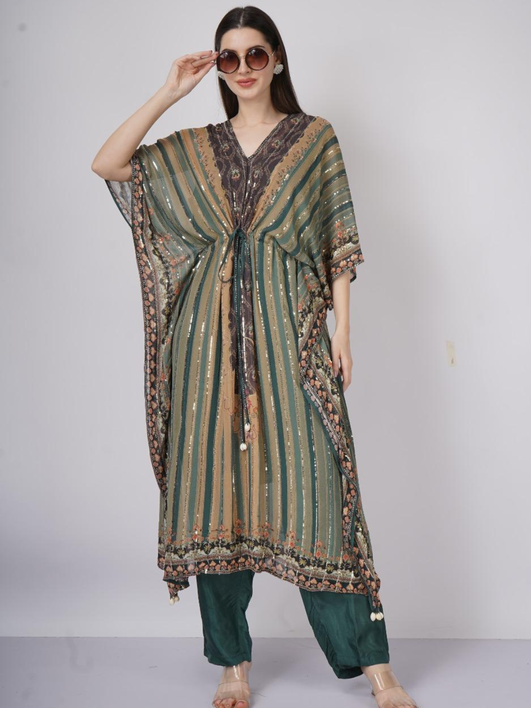 Green Georgette Indo Western with Cutdana and Printed Embroidery 8