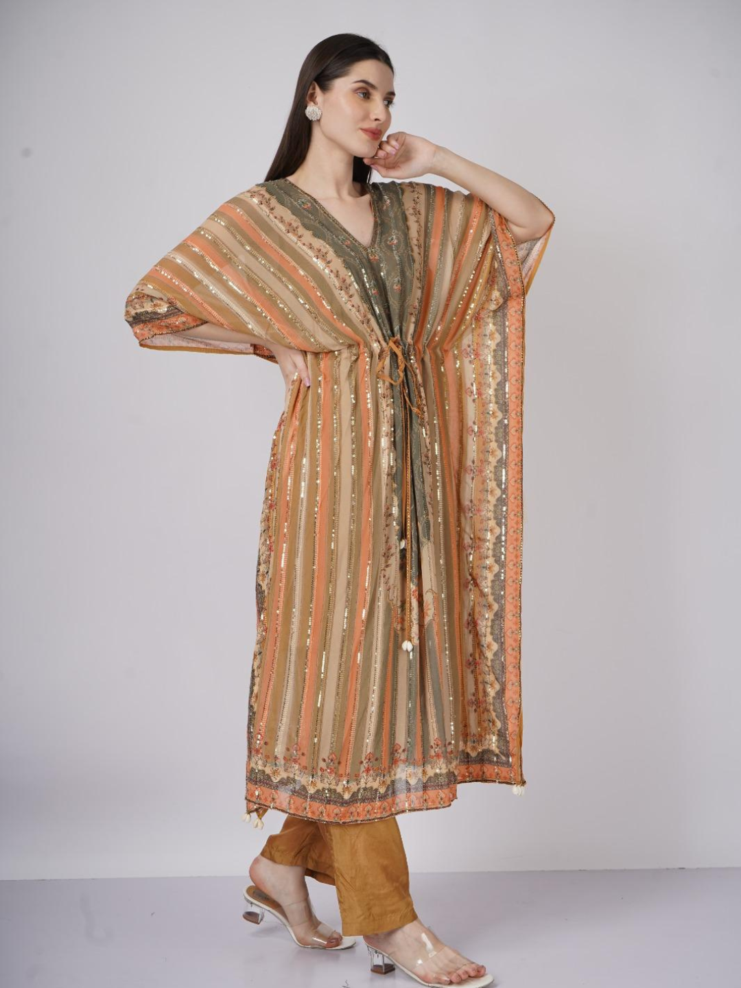 Peach Georgette Indo Western with Cutdana and Printed Embroidery 1