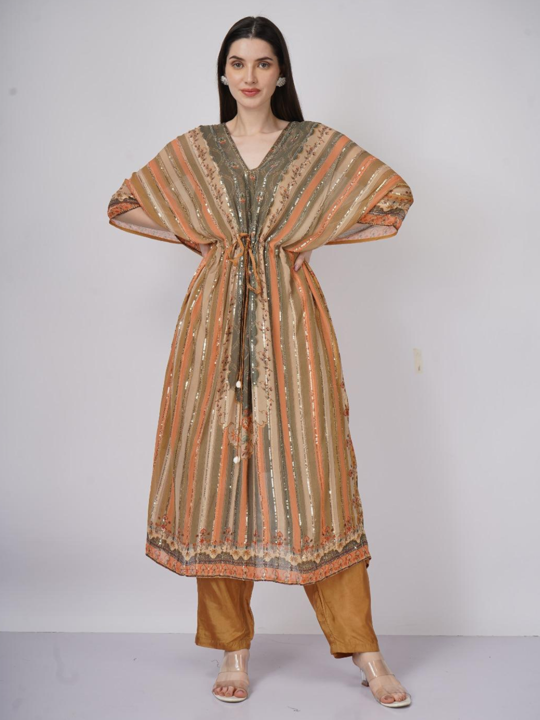 Peach Georgette Indo Western with Cutdana and Printed Embroidery 2
