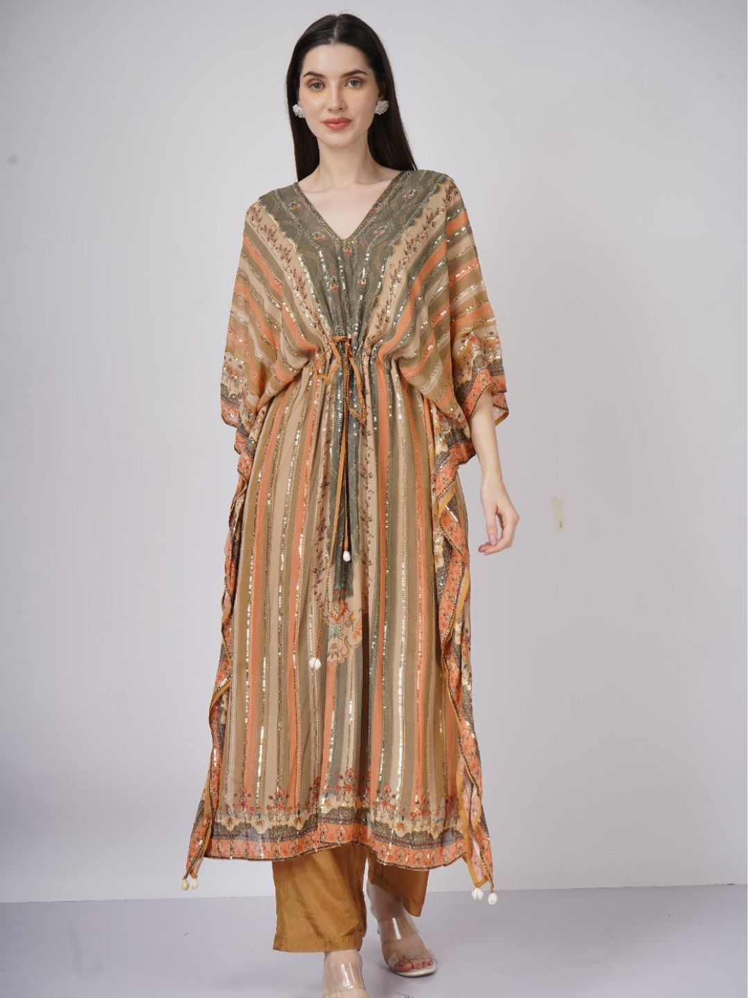 Peach Georgette Indo Western with Cutdana and Printed Embroidery 4