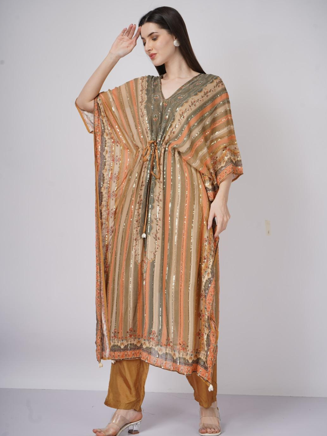 Peach Georgette Indo Western with Cutdana and Printed Embroidery 5