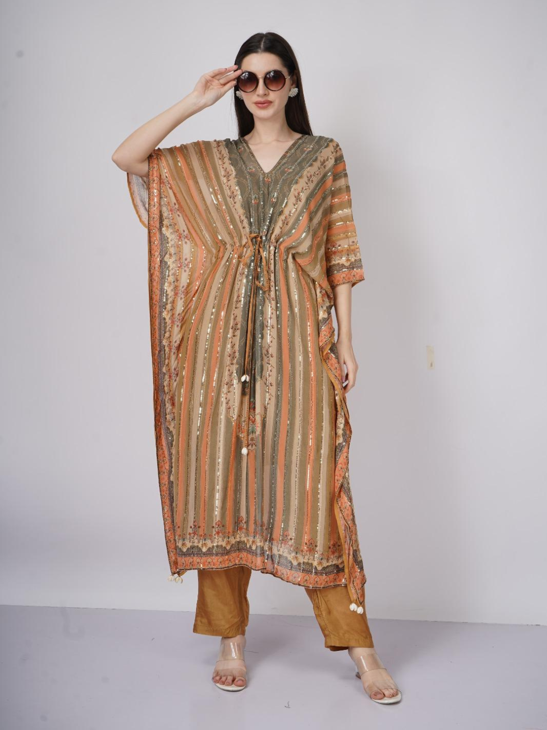 Peach Georgette Indo Western with Cutdana and Printed Embroidery 6