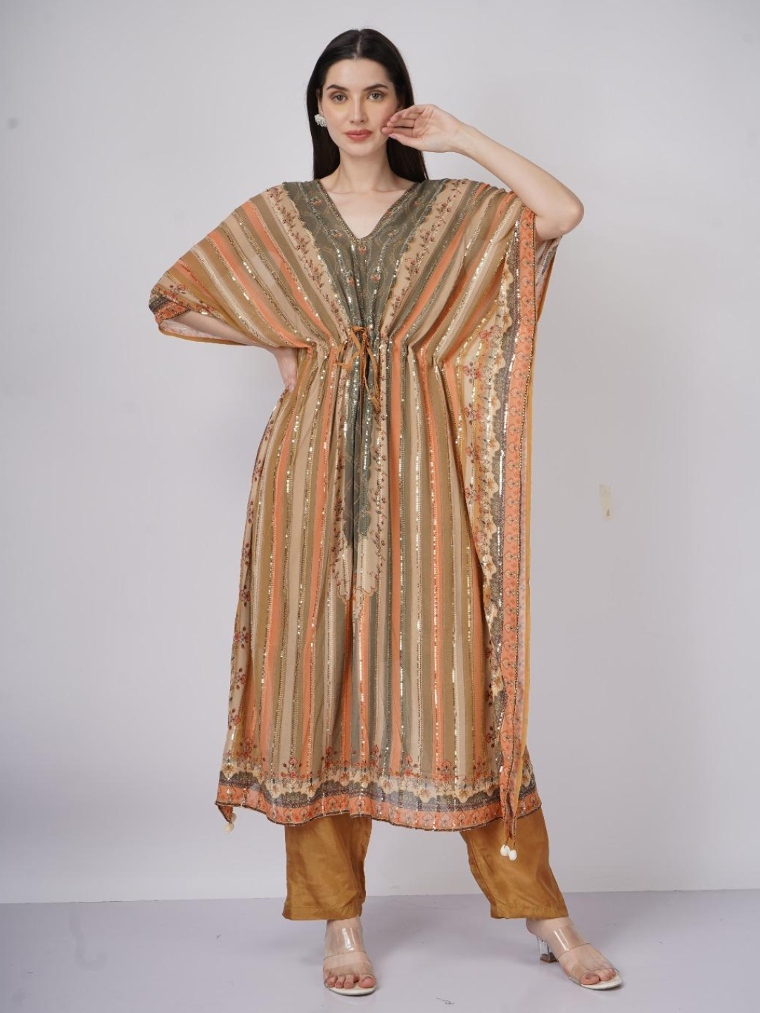 Peach Georgette Indo Western with Cutdana and Printed Embroidery 8