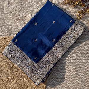 Blue Organza Saree with Unstitched Blouse with Gota, Pearl, Stone, Dabka and Mirror Embroidery 1