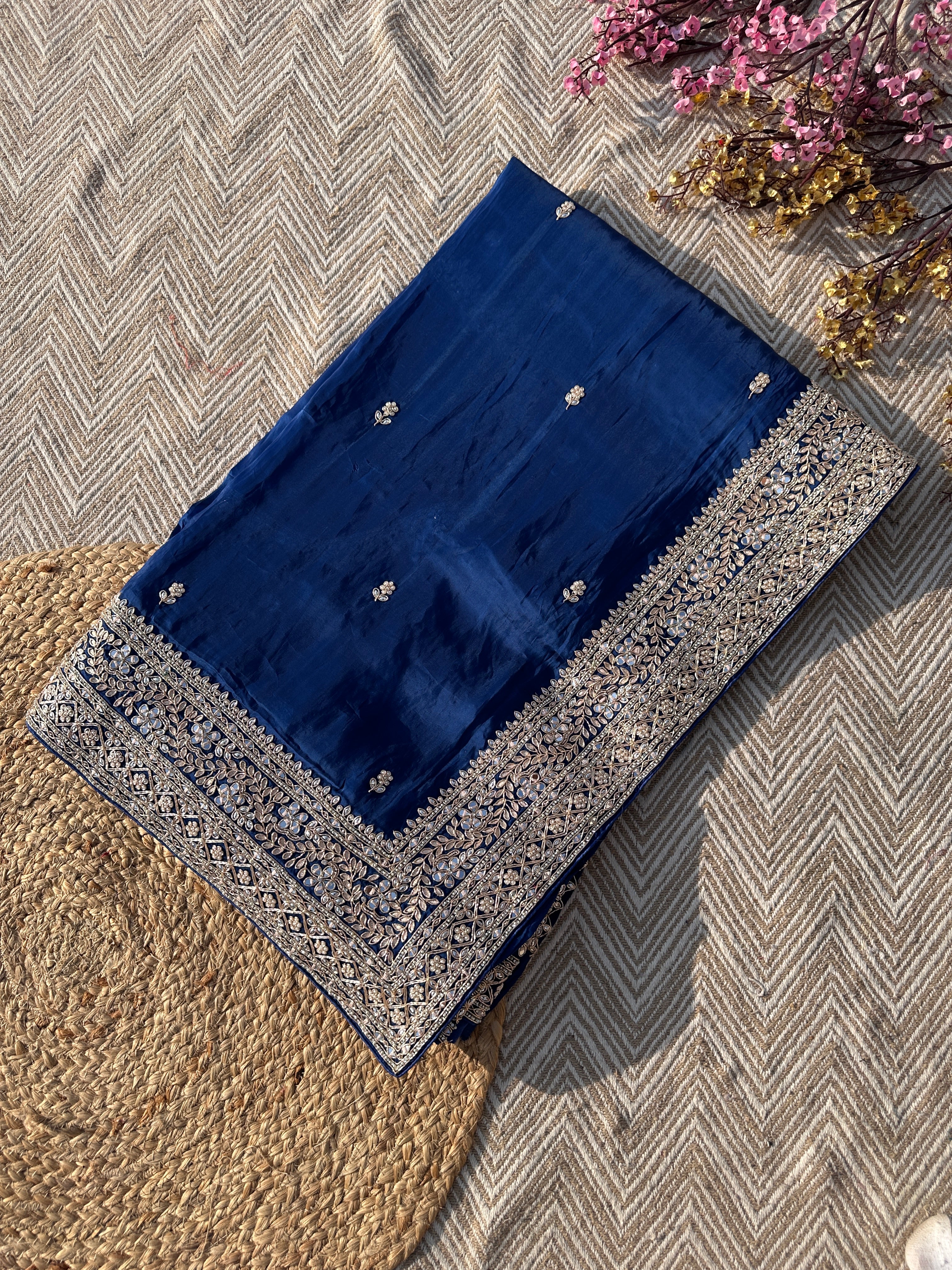 Blue Organza Saree with Unstitched Blouse with Gota, Pearl, Stone, Dabka and Mirror Embroidery 1