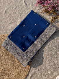 Blue Organza Saree with Unstitched Blouse with Gota, Pearl, Stone, Dabka and Mirror Embroidery