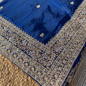 Blue Organza Saree with Unstitched Blouse with Gota, Pearl, Stone, Dabka and Mirror Embroidery 2
