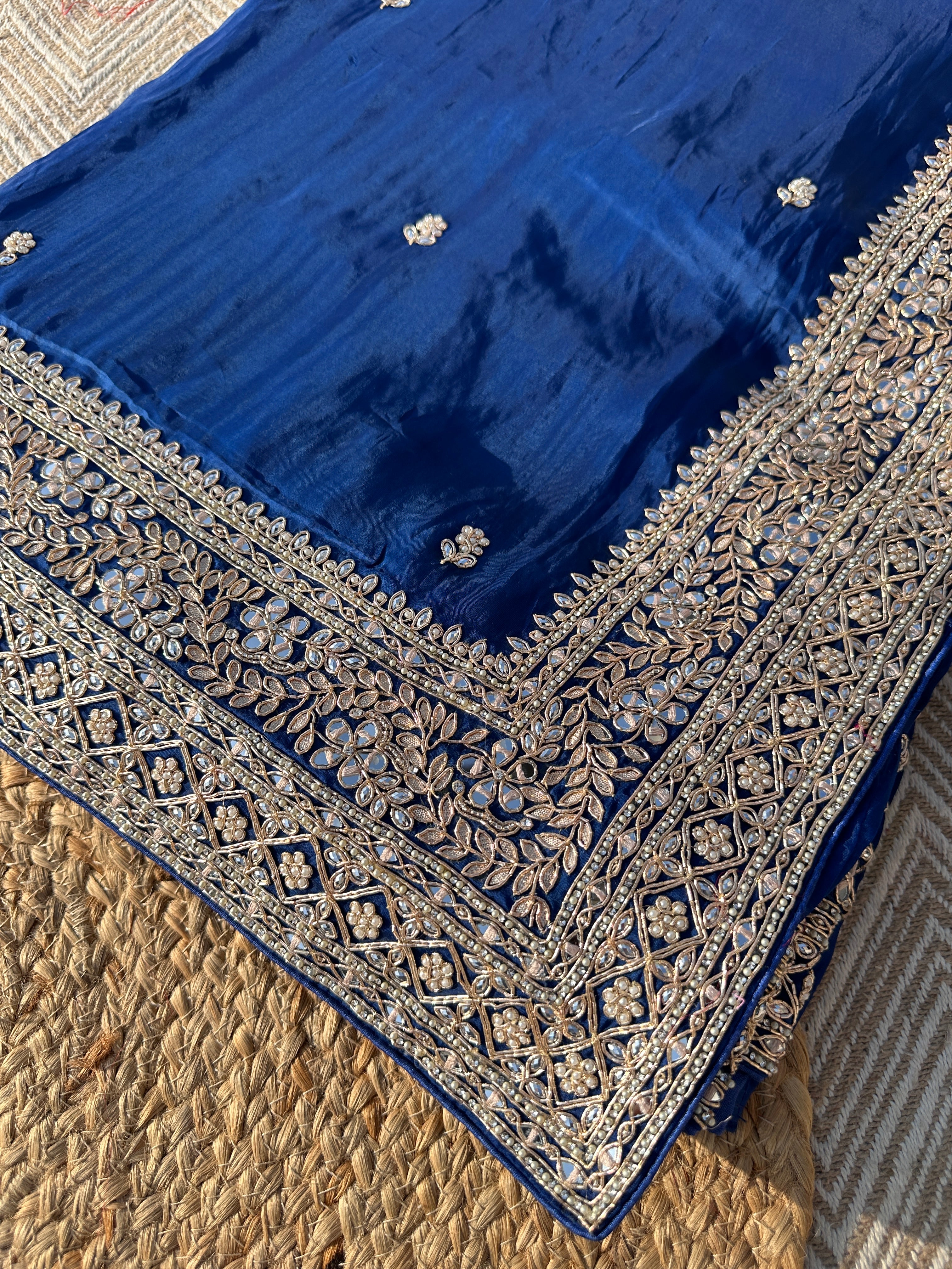 Blue Organza Saree with Unstitched Blouse with Gota, Pearl, Stone, Dabka and Mirror Embroidery 2