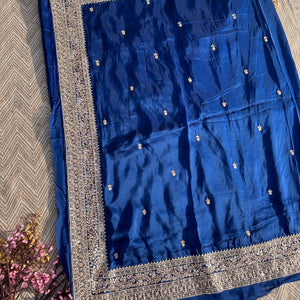 Blue Organza Saree with Unstitched Blouse with Gota, Pearl, Stone, Dabka and Mirror Embroidery 3