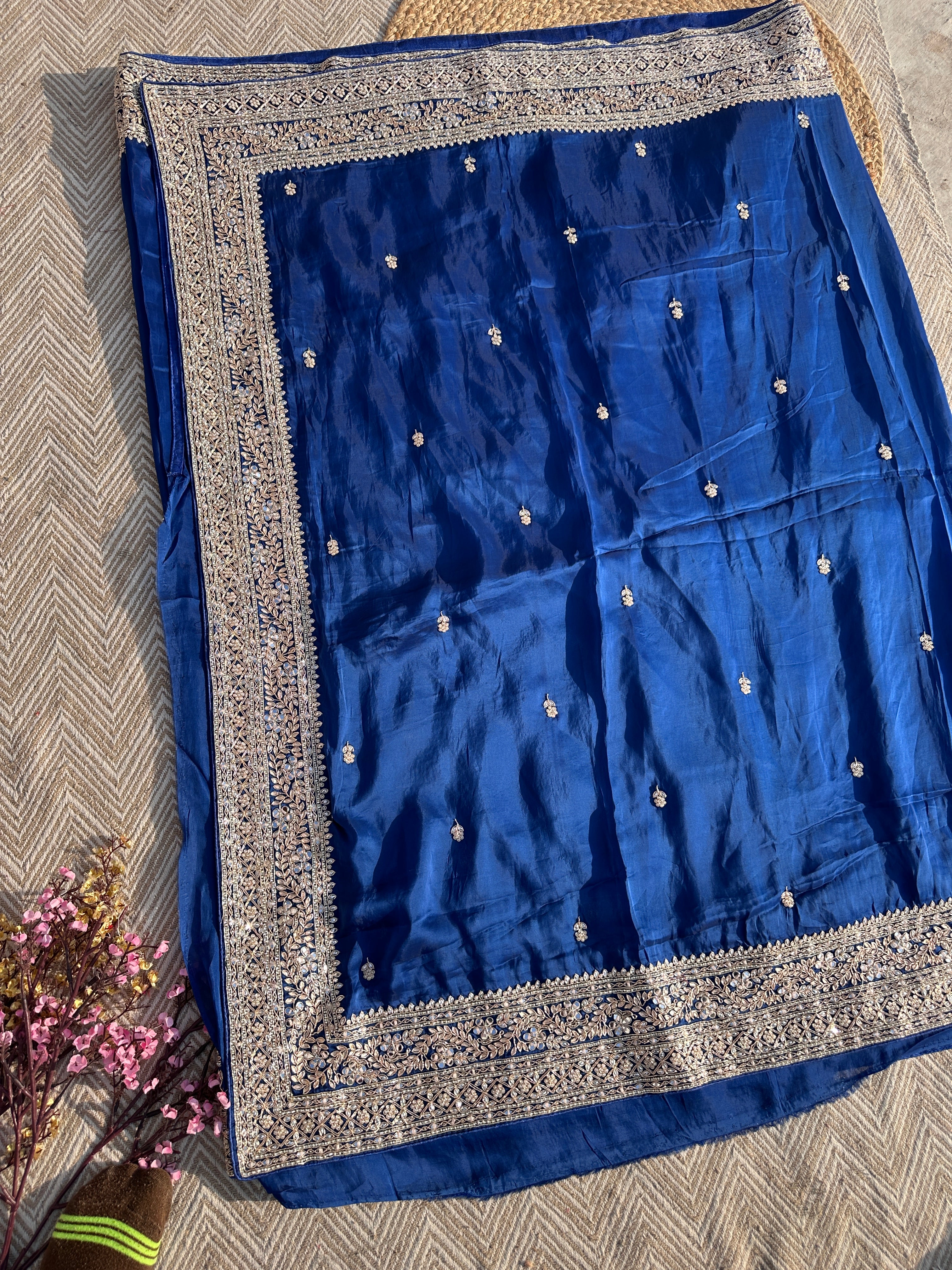 Blue Organza Saree with Unstitched Blouse with Gota, Pearl, Stone, Dabka and Mirror Embroidery 3