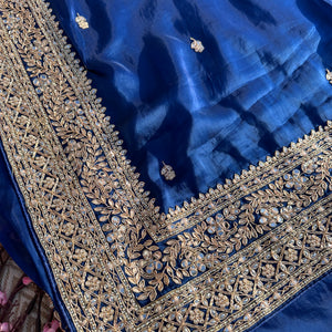 Blue Organza Saree with Unstitched Blouse with Gota, Pearl, Stone, Dabka and Mirror Embroidery 4