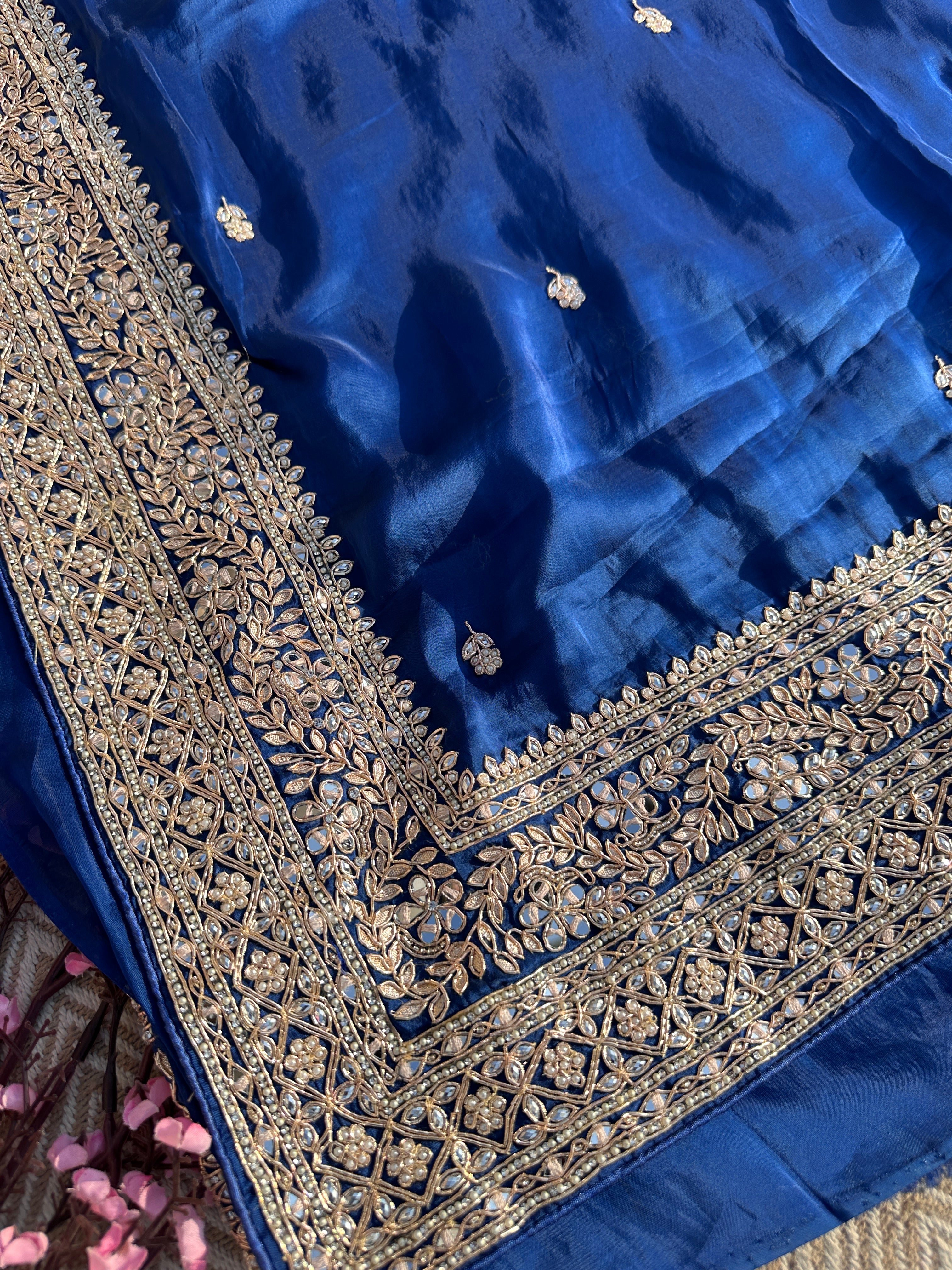 Blue Organza Saree with Unstitched Blouse with Gota, Pearl, Stone, Dabka and Mirror Embroidery 4