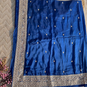 Blue Organza Saree with Unstitched Blouse with Gota, Pearl, Stone, Dabka and Mirror Embroidery 5