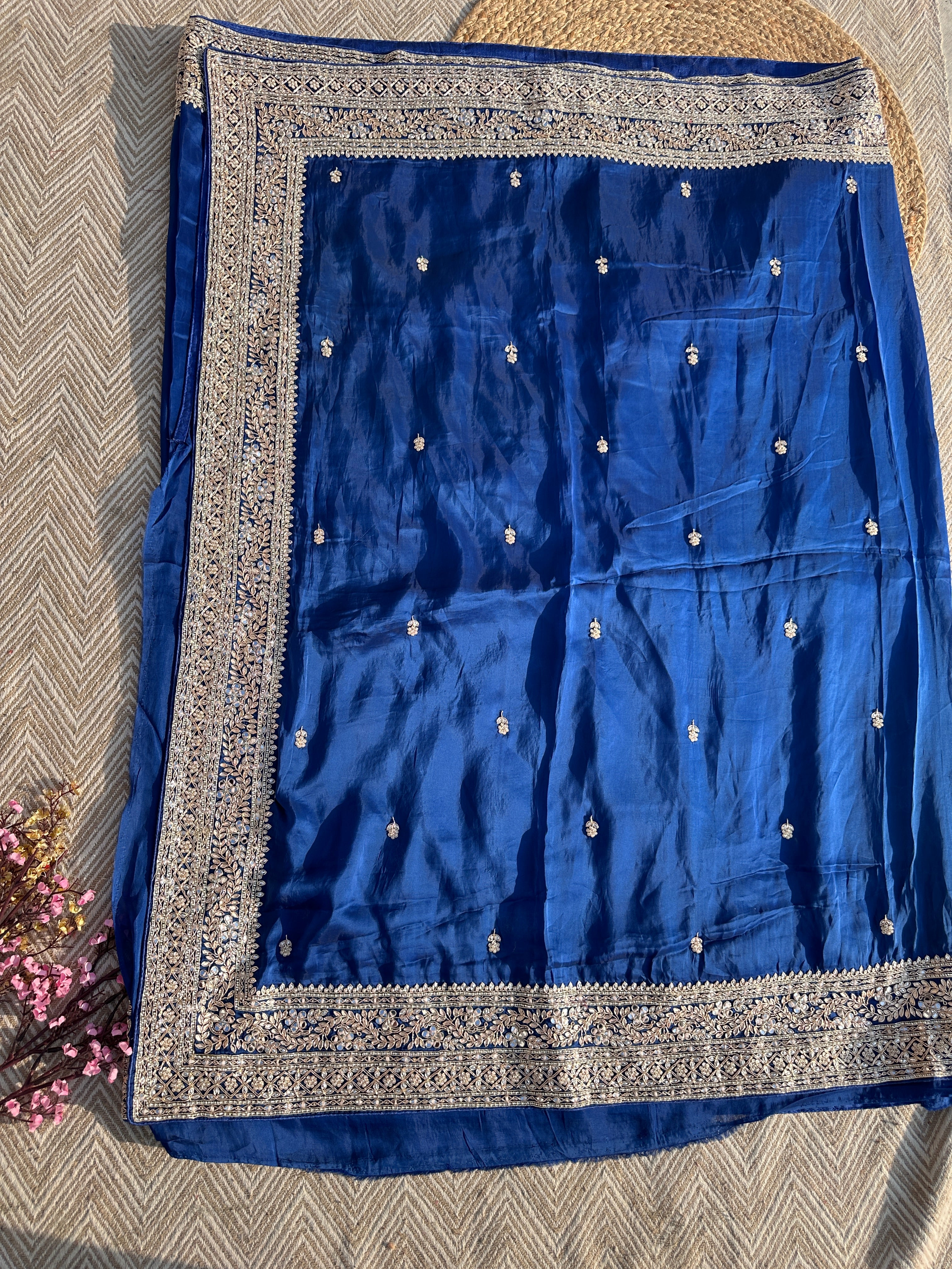 Blue Organza Saree with Unstitched Blouse with Gota, Pearl, Stone, Dabka and Mirror Embroidery 5