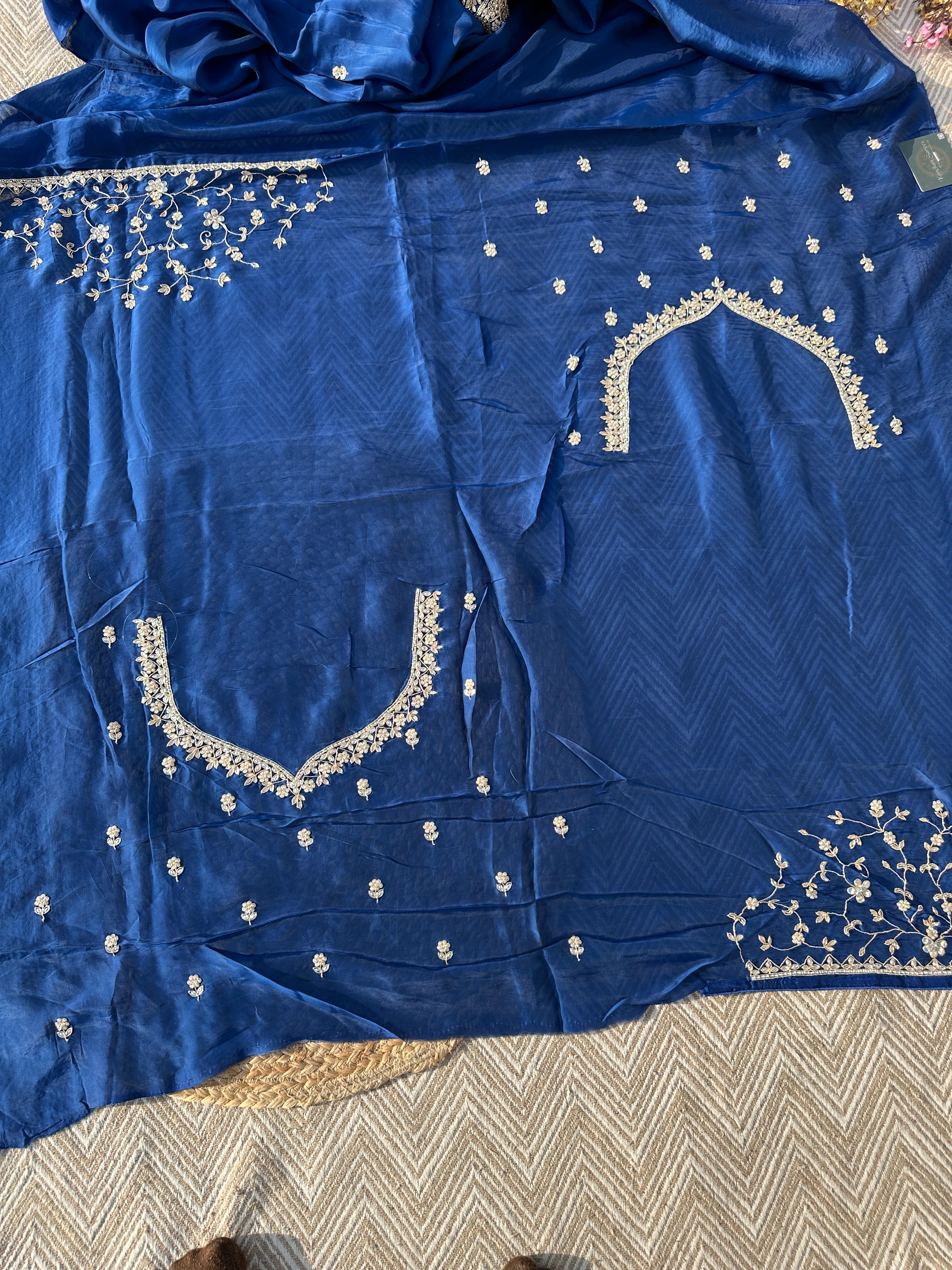 Blue Organza Saree with Unstitched Blouse with Gota, Pearl, Stone, Dabka and Mirror Embroidery 6