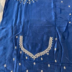 Blue Organza Saree with Unstitched Blouse with Gota, Pearl, Stone, Dabka and Mirror Embroidery 7