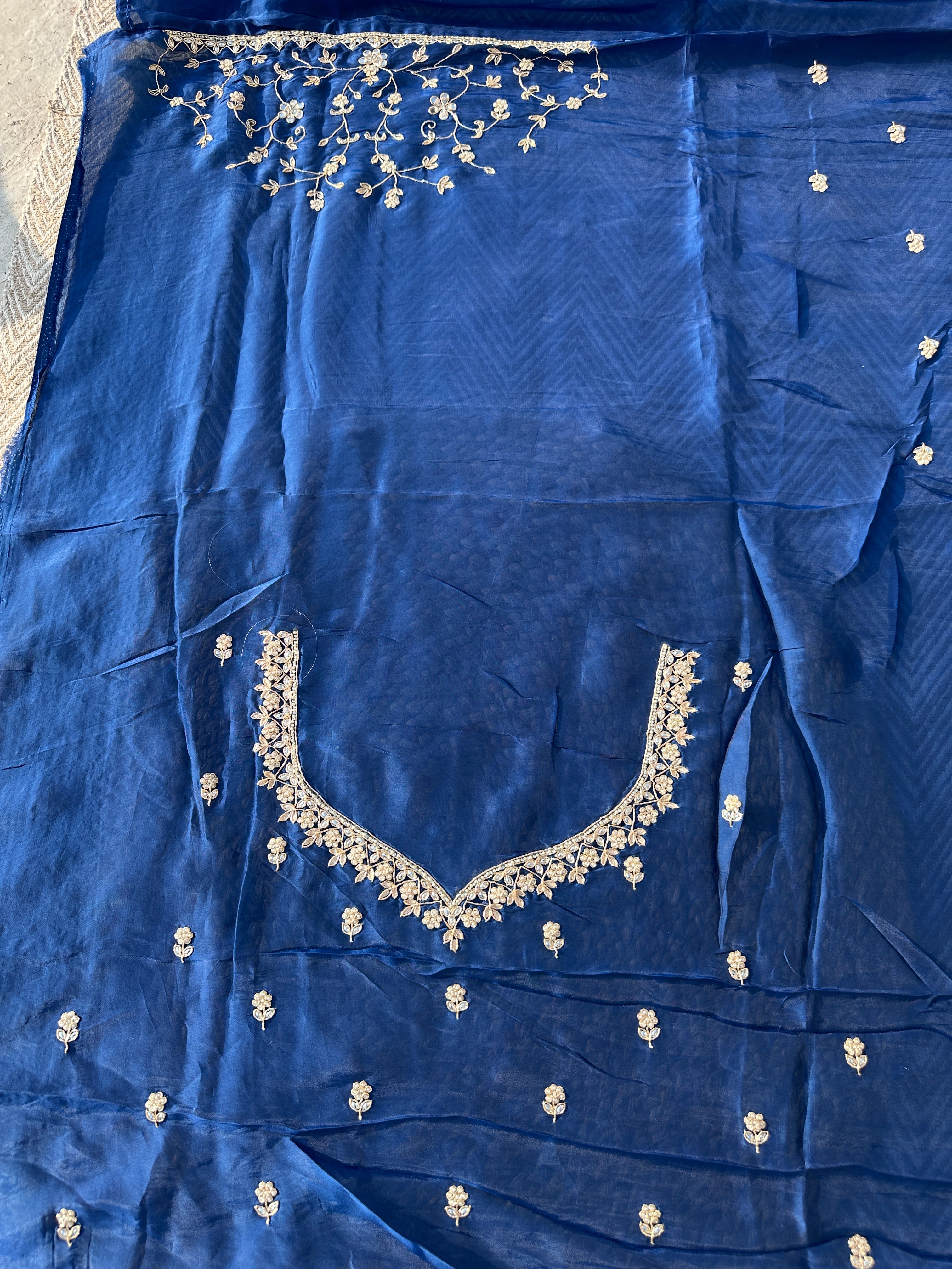 Blue Organza Saree with Unstitched Blouse with Gota, Pearl, Stone, Dabka and Mirror Embroidery 7