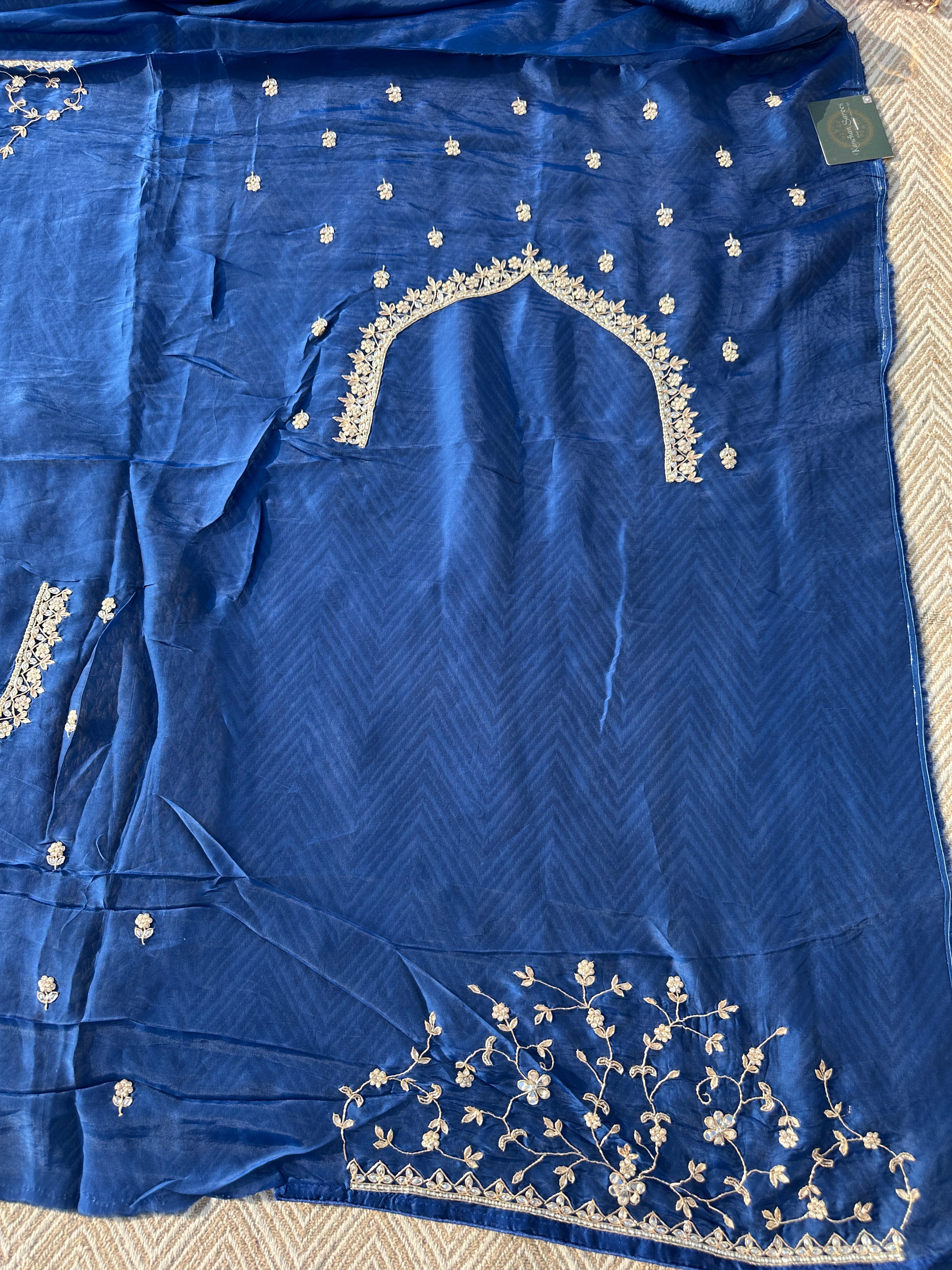 Blue Organza Saree with Unstitched Blouse with Gota, Pearl, Stone, Dabka and Mirror Embroidery 8