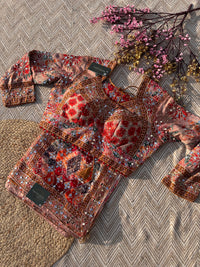 Peach Georgette Saree with Blouse with Mirror, Zari, Sequins, Swarovski and Printed Embroidery