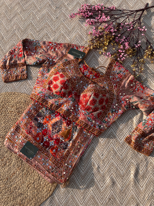 Peach Georgette Saree with Blouse with Mirror, Zari, Sequins, Swarovski and Printed Embroidery 1