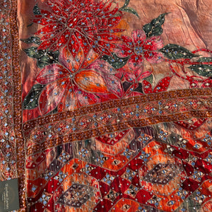 Peach Georgette Saree with Blouse with Mirror, Zari, Sequins, Swarovski and Printed Embroidery 10