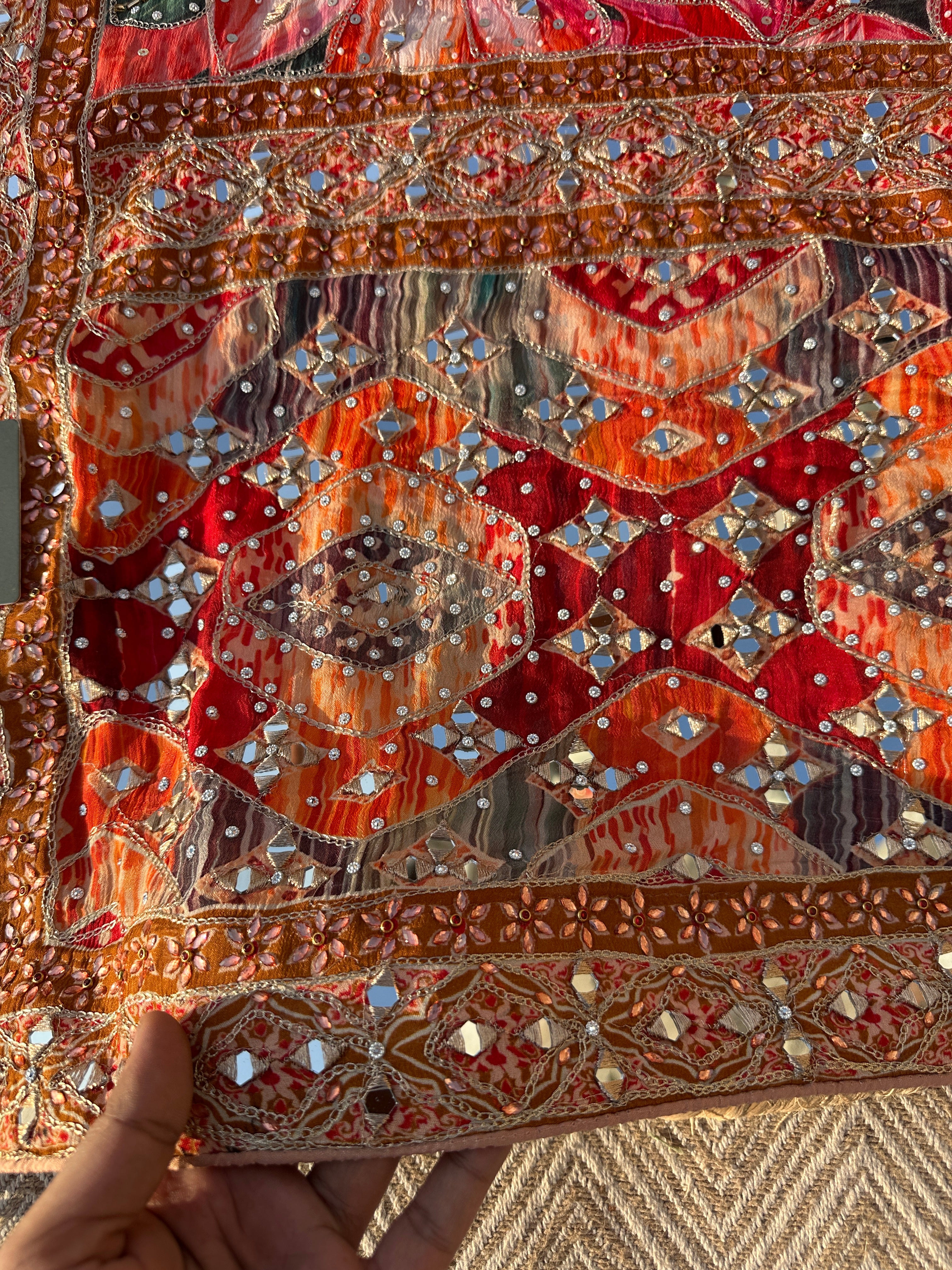 Peach Georgette Saree with Blouse with Mirror, Zari, Sequins, Swarovski and Printed Embroidery 11