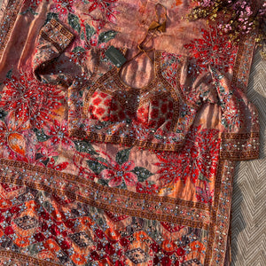 Peach Georgette Saree with Blouse with Mirror, Zari, Sequins, Swarovski and Printed Embroidery 12
