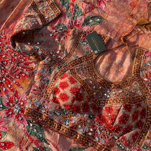 Peach Georgette Saree with Blouse with Mirror, Zari, Sequins, Swarovski and Printed Embroidery 13