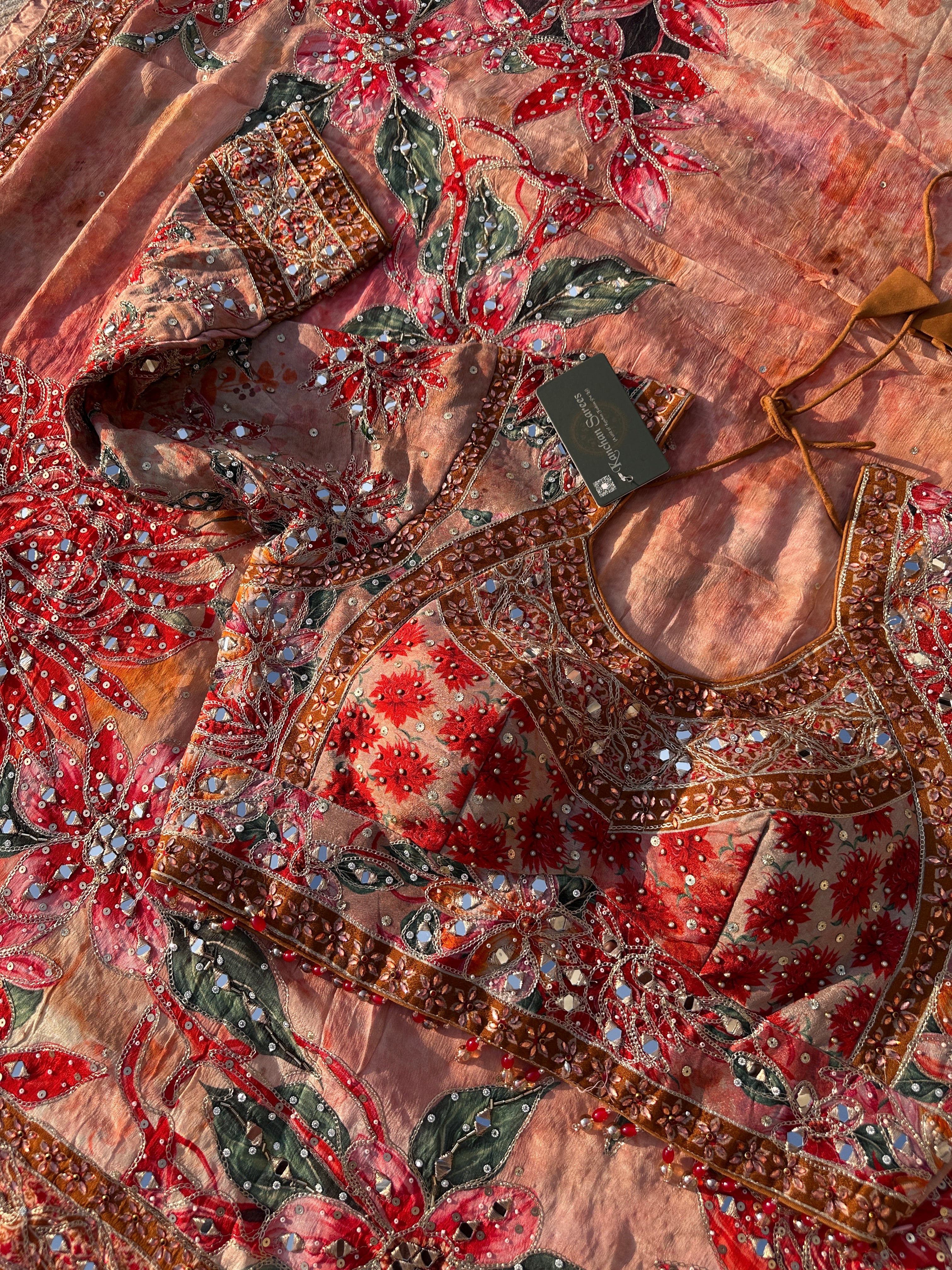 Peach Georgette Saree with Blouse with Mirror, Zari, Sequins, Swarovski and Printed Embroidery 13